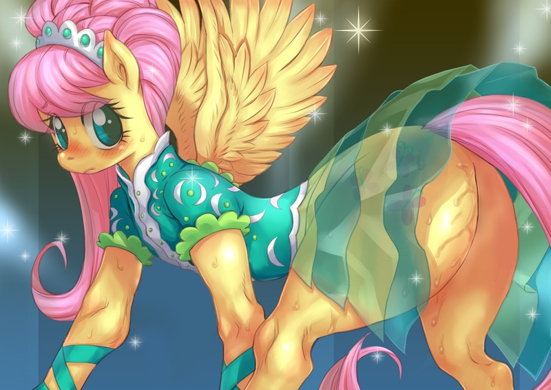 Size: 1600x1131 | Tagged: artist:hoihoi, blushing, clothes, derpibooru import, dress, edit, flutterbutt, fluttershy, modelshy, plot, suggestive, sweat