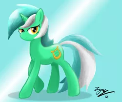 Size: 963x805 | Tagged: safe, artist:zyncrus, derpibooru import, lyra heartstrings, pony, unicorn, abstract background, female, lidded eyes, mare, signature, smiling, solo