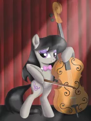 Size: 800x1067 | Tagged: safe, artist:mel-rosey, derpibooru import, octavia melody, earth pony, pony, bipedal, bow (instrument), cello, cute, female, hoof hold, mare, musical instrument, solo, tavibetes