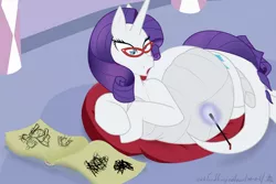 Size: 1280x853 | Tagged: safe, artist:m-p-l, derpibooru import, rarity, spike, dracony, blood, dragonified, female, glasses, pregnant, raridragon, rarity's glasses, shipping, solo, sparity, species swap, straight