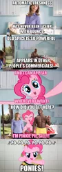 Size: 500x1393 | Tagged: safe, derpibooru import, pinkie pie, human, pony, caption, comic, commercial, deodorant, dialogue, english, female, fourth wall, irl, irl human, male, man, mare, old spice, old spice guy, photo, screenshots, terry crews, woman