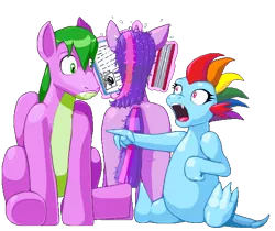 Size: 554x465 | Tagged: safe, artist:casetermk, derpibooru import, rainbow dash, spike, twilight sparkle, ponified, dragon, pegasus, pony, unicorn, book, dragoness, dragonified, female, glowing horn, horn, magic, male, mare, ponified spike, rainbow dragon, simple background, species swap, stallion, telekinesis, transparent background, unicorn twilight