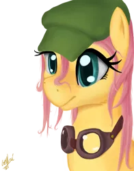 Size: 900x1150 | Tagged: artist:genbulein, bust, colored pupils, derpibooru import, fluttershy, goggles, hat, messy hair, safe, simple background, solo, transparent background