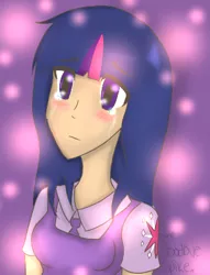 Size: 307x402 | Tagged: 100000th post, artist:clobug98, blushing, bust, crying, derpibooru import, get, gif party, humanized, implied spike, index get, milestone, party thread, sad, safe, solo, twilight sparkle, x00000 milestone