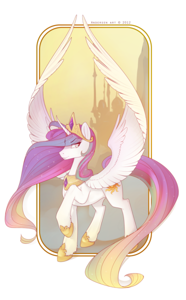 Size: 2107x3396 | Tagged: dead source, safe, artist:antiander, derpibooru import, princess celestia, canterlot, frame, high res, long tail, raised hoof, solo, spread wings, unshorn fetlocks