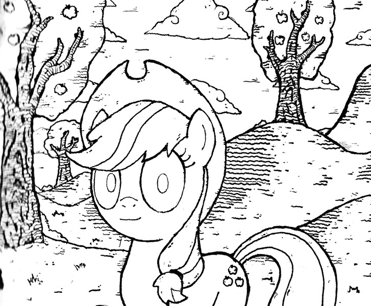 Size: 2938x2425 | Tagged: applejack, artist:duckduckbear, derpibooru import, high res, monochrome, safe, solo, traditional art, tree