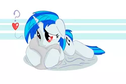 Size: 1500x1000 | Tagged: safe, artist:amazin-a, banned from derpibooru, deleted from derpibooru, derpibooru import, vinyl scratch, pony, unicorn, cute, female, floating heart, floppy ears, heart, image, mare, pillow, png, prone, question mark, solo, vinylbetes