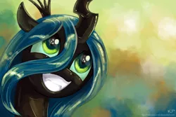 Size: 1200x800 | Tagged: artist:kp-shadowsquirrel, changeling, changeling queen, cute, cutealis, derpibooru import, female, grin, queen chrysalis, safe, smiling, solo
