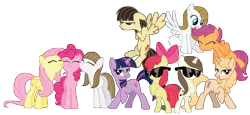 Size: 13000x6000 | Tagged: safe, artist:midnight--blitz, derpibooru import, apple bloom, fluttershy, pinkie pie, scootaloo, twilight sparkle, wild fire, oc, oc:taralicious, ponified, earth pony, pegasus, pony, unicorn, absurd resolution, andrea libman, apple bloom's bow, bow, crossed arms, eyes closed, female, filly, flying, hair bow, madeleine peters, mane bow, mare, michelle creber, ponysona, puffy cheeks, scootaloo can fly, self ponidox, sibsy, simple background, sunglasses, tara strong, transparent background, unamused, unicorn twilight, vector, wild fire is not amused, wip