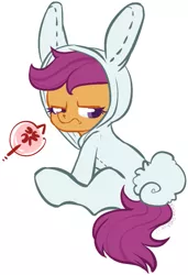 Size: 549x801 | Tagged: artist:clovercoin, bunny costume, bunnyloo, bunny pajamas, clothes, cross-popping veins, dead source, derpibooru import, pictogram, safe, scootaloo, simple background, unamused, white background