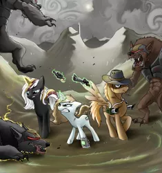 Size: 2547x2710 | Tagged: dead source, semi-grimdark, artist:olafski, derpibooru import, oc, oc:calamity, oc:littlepip, oc:velvet remedy, unofficial characters only, hellhound, pegasus, pony, unicorn, fallout equestria, fanfic, anesthesia spell, battle saddle, claws, clothes, cloud, cloudy, dashite, fanfic art, fangs, female, floppy ears, frown, glare, glowing horn, gritted teeth, gun, handgun, hat, high res, hooves, horn, levitation, little macintosh, magic, male, mare, open mouth, optical sight, pipbuck, pipleg, raised hoof, revolver, rifle, sharp teeth, spread wings, stallion, teeth, telekinesis, tongue out, vault suit, wasteland, weapon, wings
