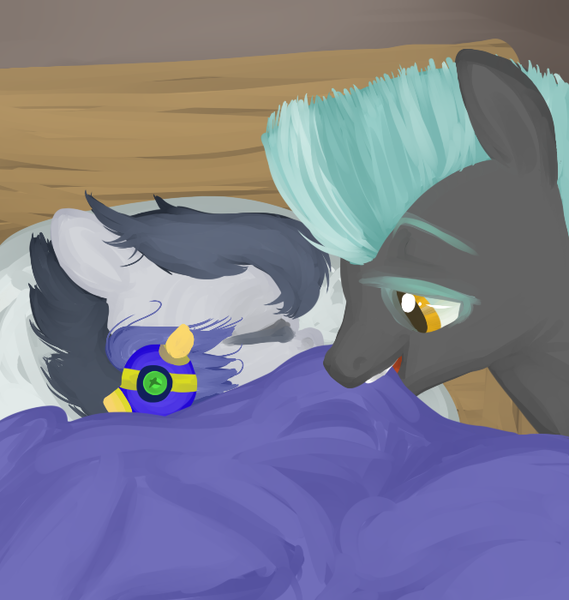 Size: 664x700 | Tagged: artist needed, ask-little-rumble, bed, blanket, brotherly love, brothers, derpibooru import, plushie, rumble, safe, sleeping, thunderlane, tucking in, tumblr, wonderbolts