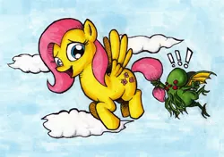 Size: 1416x995 | Tagged: safe, artist:darkone10, derpibooru import, fluttershy, !!!, claws, cloud, cthulhu, deity lord, female, flying, girly girl, image, jpeg, lovecraftian deity, male, multiple eyes, pink mane, pink tail, red eyes, wings, yellow fur