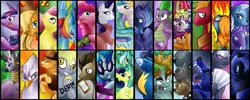 Size: 2000x800 | Tagged: safe, artist:qwert5, derpibooru import, apple bloom, applejack, big macintosh, bon bon, braeburn, derpy hooves, doctor whooves, fido, fluttershy, gilda, hoity toity, lyra heartstrings, nightmare moon, pinkie pie, princess celestia, princess luna, rainbow dash, rarity, rover, scootaloo, snails, snips, soarin', spike, spitfire, spot, sweetie belle, sweetie drops, time turner, trixie, twilight sparkle, vinyl scratch, zecora, diamond dog, earth pony, gryphon, pony, ursa minor, zebra, cutie mark crusaders, everypony, male, mane seven, mane six, stallion