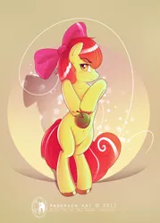 Size: 2026x2835 | Tagged: safe, artist:antiander, derpibooru import, apple bloom, earth pony, pony, adorabloom, apple, apple bloom's bow, bipedal, blushing, bow, cute, female, hair bow, high res, holding, looking at you, solo
