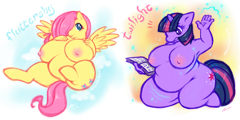 Size: 1280x640 | Tagged: questionable, artist:onnanoko, derpibooru import, fluttershy, twilight sparkle, anthro, armpits, big breasts, breasts, busty fluttershy, busty twilight sparkle, fat, fattershy, female, huge breasts, nipples, nudity, obese, twilard sparkle, weight gain