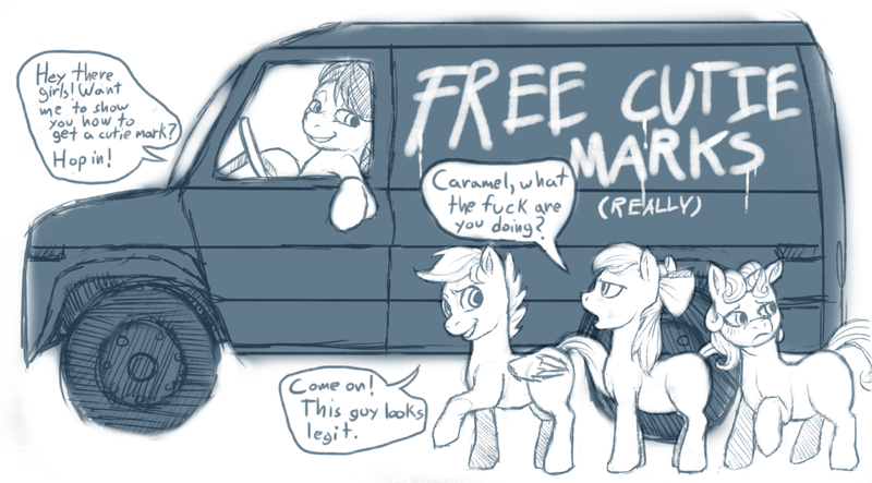 Size: 1157x641 | Tagged: dead source, suggestive, artist:crookedtrees, derpibooru import, apple bloom, caramel, scootaloo, sweetie belle, pony, cutie mark crusaders, implied foalcon, rape van, seems legit, van, vulgar