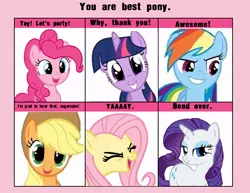 Size: 716x552 | Tagged: safe, derpibooru import, applejack, fluttershy, pinkie pie, rainbow dash, rarity, twilight sparkle, earth pony, pegasus, pony, unicorn, 6 pony meme, bend over, best pony, exploitable meme, female, flutteryay, mane six, mare, meme, meta, sugarcube, yay