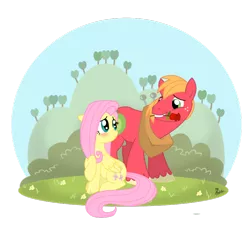 Size: 800x725 | Tagged: safe, artist:thephoebster, derpibooru import, big macintosh, fluttershy, earth pony, pony, blushing, flower, flower in mouth, fluttermac, male, mouth hold, rose, shipping, simple background, stallion, straight, transparent background, unshorn fetlocks