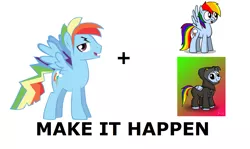 Size: 1337x796 | Tagged: all caps, costume, derpibooru import, exploitable meme, make it happen, meme, mentally advanced series, meta, rainbow blitz, rainbow dash, rule 63, safe