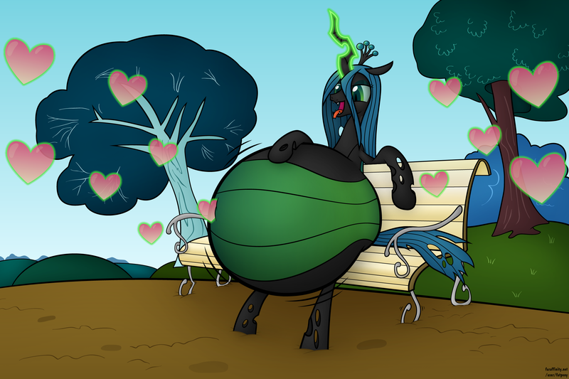 Size: 2400x1600 | Tagged: questionable, artist:jesseorange, derpibooru import, queen chrysalis, changeling, changeling queen, belly, changeling feeding, changeling overfeeding, female, heart, impossibly large belly, inflation, love, magic, tongue out