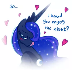 Size: 963x943 | Tagged: suggestive, artist:mickeymonster, derpibooru import, princess luna, bedroom eyes, blushing, drool, female, heart, licking lips, looking at you, lusty luna, simple background, smiling, solo, solo female, tongue out, tons of hearts