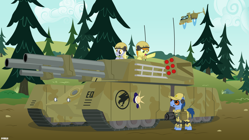 Size: 2880x1620 | Tagged: safe, artist:a4r91n, derpibooru import, blues, carrot top, derpy hooves, golden harvest, noteworthy, pegasus, pony, clothes, command and conquer, crossover, female, global defense initiative, hat, helmet, jet, mammoth tank, mare, military, minigun, orca assault craft, scrunchy face, tank (vehicle), tiberian dawn, tree, vector