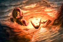 Size: 1620x1080 | Tagged: safe, artist:assasinmonkey, derpibooru import, fluttershy, bird, pegasus, pony, cloud, cloudy, female, flying, mare, open mouth, outdoors, scenery, sky, smiling, solo, spread wings, sunset, water, wings