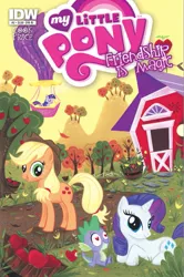 Size: 599x904 | Tagged: safe, artist:stephbuscema, derpibooru import, idw, official, applejack, rarity, spike, twilight sparkle, comic, cover, female, hot air balloon, male, official comic, shipping, sparity, straight, sweet apple acres, twinkling balloon