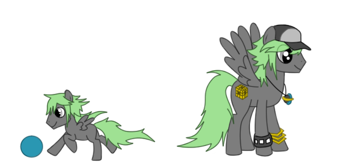 Size: 694x341 | Tagged: safe, artist:eifi--copper, derpibooru import, ponified, natural harmonia gropius, pegasus, pony, age difference, age progression, ball, bracelet, colt, comparison, hat, male, n, necklace, older, pokémon, pokémon special, solo, stallion, younger