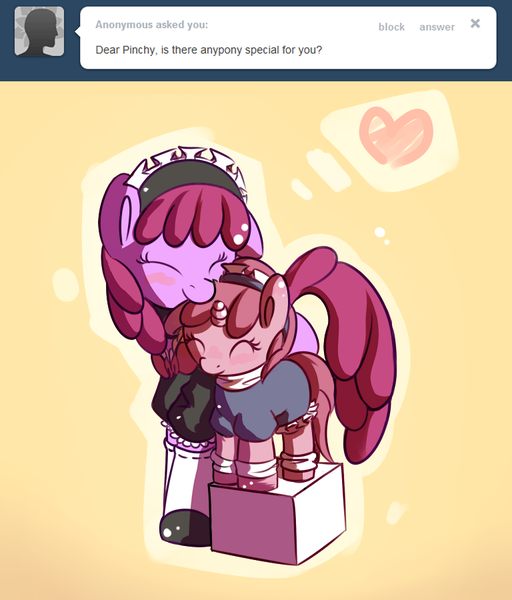 Size: 768x900 | Tagged: artist:haute-claire, ask ruby pinch, berrybetes, berry punch, berryshine, clothes, cute, derpibooru import, female, filly, maid, pinchybetes, ruby pinch, safe
