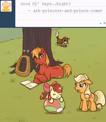 Size: 543x623 | Tagged: safe, artist:redhotkick, derpibooru import, apple bloom, applejack, big macintosh, winona, pony, ask big red macintosh, baby, baby apple bloom, baby pony