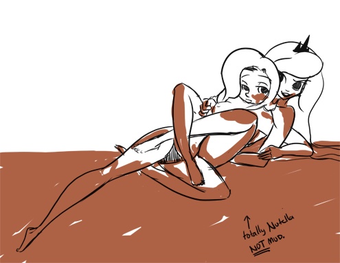 Size: 495x383 | Tagged: artist:bunnimation, breasts, clothes, derpibooru import, female, food, foodplay, gunge, humanized, lesbian, luxie, mud wrestling, nipples, nudity, nutella, panties, princess luna, questionable, shipping, sketch, topless, trixie, underwear