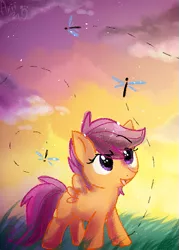 Size: 429x600 | Tagged: artist:aurorie, cute, cutealoo, derpibooru import, dragonfly, safe, scootaloo, solo