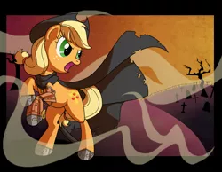 Size: 1800x1400 | Tagged: alternate cutie mark, amputee, appleborg, applejack, artist:yokokinawa, cape, cemetery, clothes, cowboy hat, cross, cyborg, derpibooru import, fog, graveyard, hat, prosthetic limb, prosthetics, safe, solo, steampunk, vampire hunter