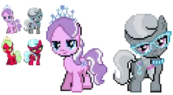 Size: 364x199 | Tagged: artist:dmn666, derpibooru import, diamond tiara, glasses, kneesocks, panty and stocking with garterbelt, pixel art, pokémon, ponymon, safe, scanty, scanty and kneesocks, silver spoon, sprite