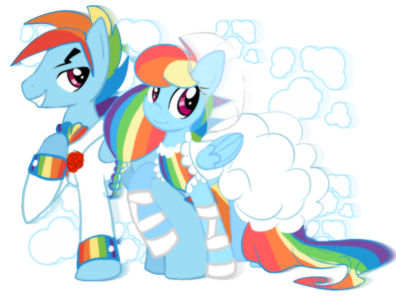 Size: 800x600 | Tagged: artist:anaxboo, clothes, dashblitz, derpibooru import, dress, female, male, rainbow blitz, rainbow dash, rule 63, safe, selfcest, self ponidox, shipping, straight, tuxedo, wedding, wedding dress