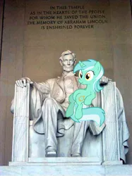 Size: 562x750 | Tagged: safe, derpibooru import, lyra heartstrings, human, pony, abraham lincoln, american presidents, irl, lincoln memorial, meme, photo, ponies in real life, sitting, sitting lyra, vector