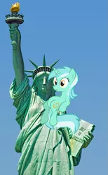 Size: 461x750 | Tagged: safe, derpibooru import, lyra heartstrings, human, pony, irl, meme, photo, ponies in real life, sitting, sitting lyra, statue of liberty, vector