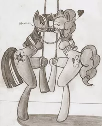 Size: 1635x2015 | Tagged: suggestive, artist:fortum-flame, derpibooru import, pinkie pie, twilight sparkle, anthro, unguligrade anthro, ballgag, barbie doll anatomy, bondage, bound together, box tied, breast bondage, breasts, dialogue, featureless breasts, female, gag, heart, lesbian, linked collars, lip locker, monochrome, shared gag, shipping, suspended, traditional art, twinkie