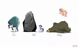 Size: 1920x1200 | Tagged: artist:mysticalpha, bear, derpibooru import, discorded, filly, fluttershy, harry, rarity, rock, safe, tom, wallpaper