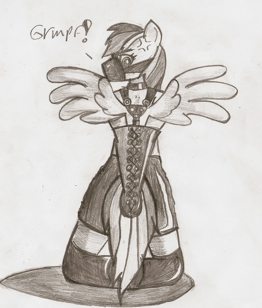 Size: 1472x1727 | Tagged: anthro, armbinder, artist:fortum-flame, bondage, derpibooru import, dialogue, female, gag, latex, monochrome, muzzle gag, rainbow dash, solo, solo female, suggestive, traditional art, unguligrade anthro