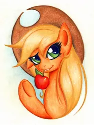 Size: 900x1196 | Tagged: apple, applejack, artist:lavosvsbahamut, derpibooru import, mouth hold, obligatory apple, safe, traditional art