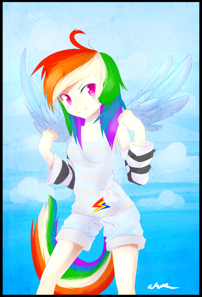 Size: 1275x1870 | Tagged: artist:affanita, derpibooru import, humanized, rainbow dash, safe, solo, tailed humanization, winged humanization