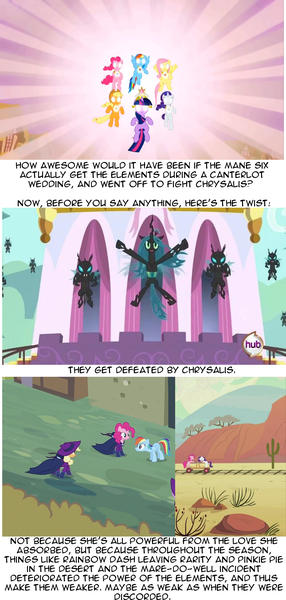 Size: 645x1352 | Tagged: a canterlot wedding, applejack, changeling, changeling queen, derpibooru import, edit, edited screencap, elements of harmony, female, fluttershy, idea, meta, pinkie pie, queen chrysalis, rainbow dash, rarity, safe, screencap, text, theory, twilight sparkle