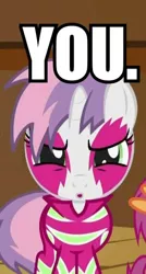 Size: 260x484 | Tagged: safe, derpibooru import, edit, edited screencap, screencap, sweetie belle, pony, unicorn, the show stoppers, angry, clothes, cropped, face paint, female, filly, foal, fourth wall, image macro, looking at you, show stopper outfits, solo focus