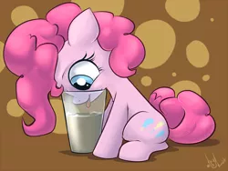 Size: 1332x1000 | Tagged: safe, artist:atryl, derpibooru import, pinkie pie, :p, chocolate milk, cute, diapinkes, drink, eyes on the prize, female, filly, filly pinkie pie, glass, horse problems, sitting, smiling, solo, tongue out, younger