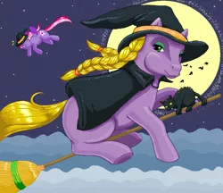 Size: 910x788 | Tagged: abra-ca-dabra, artist:hollowzero, braid, broom, cape, cat, clothes, cloud, cloudy, derpibooru import, flying, flying broomstick, full moon, g3, halloween, hat, looking back, moon, ms paint, night, night sky, safe, smiling, spread wings, stars, starsong, underhoof, wide eyes, witch hat