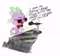 Size: 683x640 | Tagged: artist:snapai, bowtie, derpibooru import, dragon, fuck you (song), male, microphone, musical instrument, piano, safe, solo, spike, suglasses