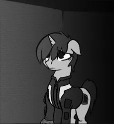 Size: 533x581 | Tagged: safe, artist:toasterrepairunit, derpibooru import, oc, oc:littlepip, unofficial characters only, pony, unicorn, fallout equestria, fanfic, ask-littlepip, black and white, clothes, fanfic art, female, grayscale, mare, monochrome, pipbuck, single pegasus project, solo, vault suit